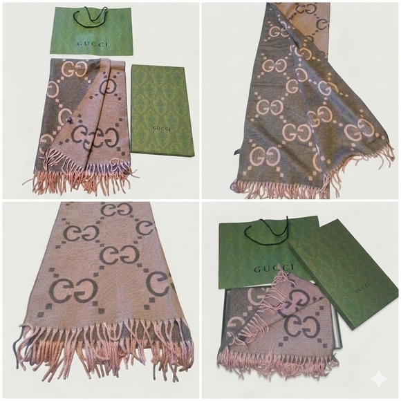 Gucci Accessories - NWT / NIB ✨GUCCI✨ GG Cashmere Silk Pink Gray Reversible Scarf Shawl Wrap 🩷🩶